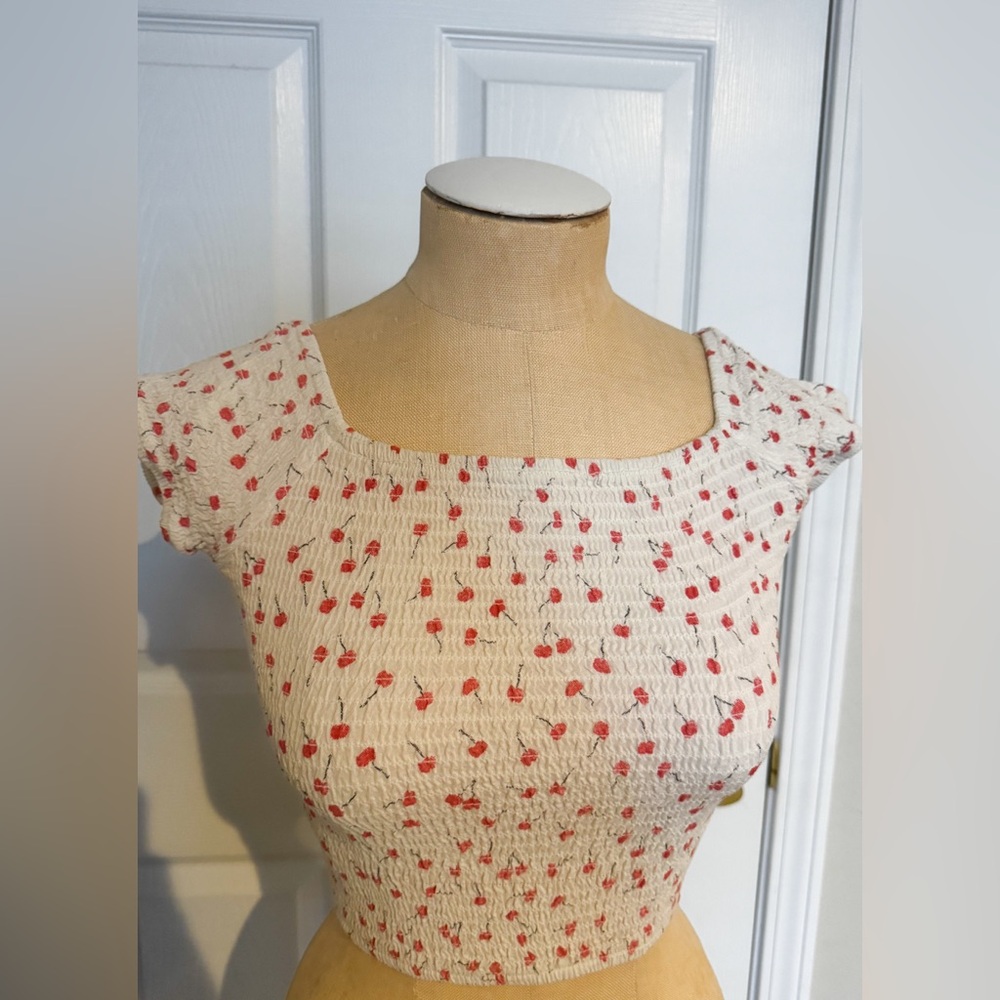 Japna White and Red Cherry Cropped Blouse